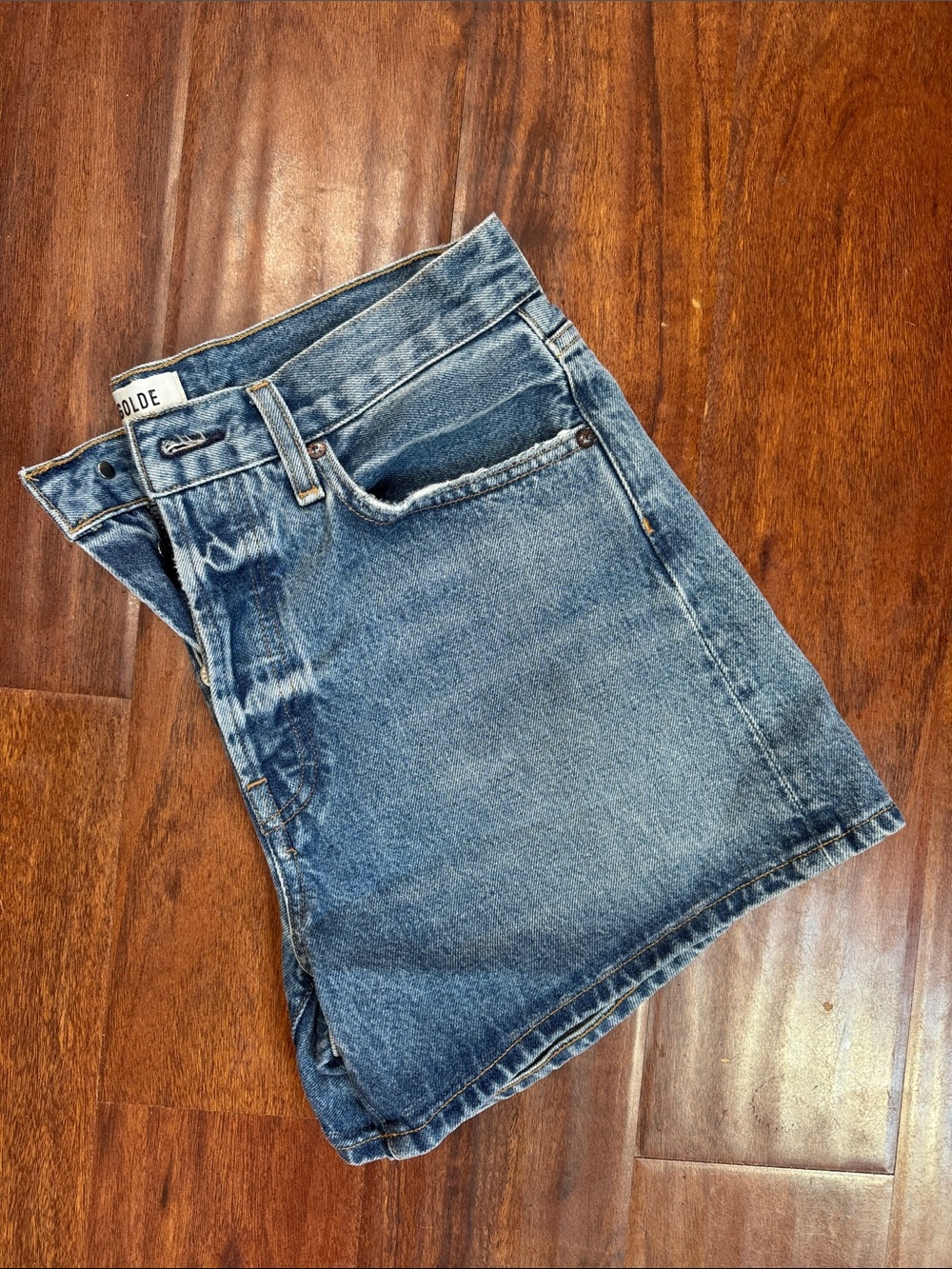 Agolde Parker Long Vintage Wash Blue High-Rise Button Denim Shorts Sz 27 - Picture 5 of 7
